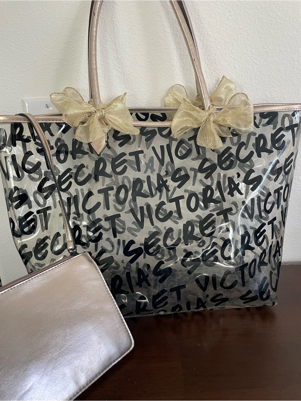 Victoria's Secret Clear Tote with Metallic Rose Handles and Gold Bows - Picture 2 of 6